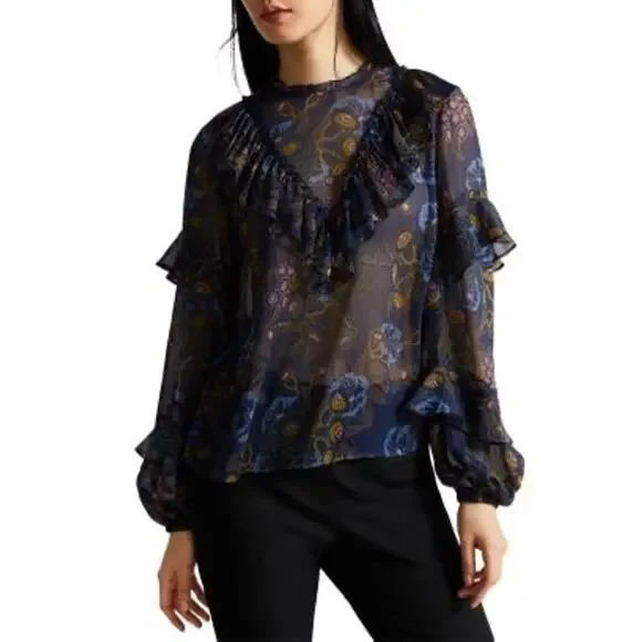 TED BAKER | Jovena Navy Floral Ruffle Sheer Romantic Blouse Top | Size 0 XS - Picture 2 of 7